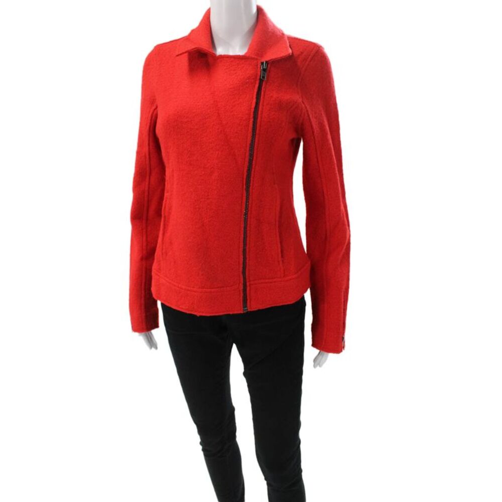 Tahari Womens Biker Jacket Red Wool Zip Size S